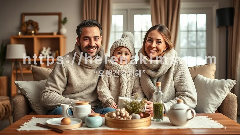 포근한 겨울 의상을 입은 온화한 표정의 가족(부모, 아이)이 따뜻한 거실에서 함께 미소 짓는 모습.