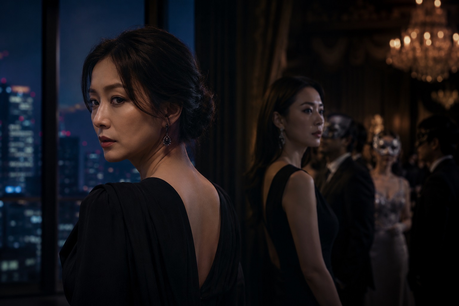 블랙의 신부 리뷰 이미지, 화려한 파티장에서 욕망과 복수를 바라보는 여성