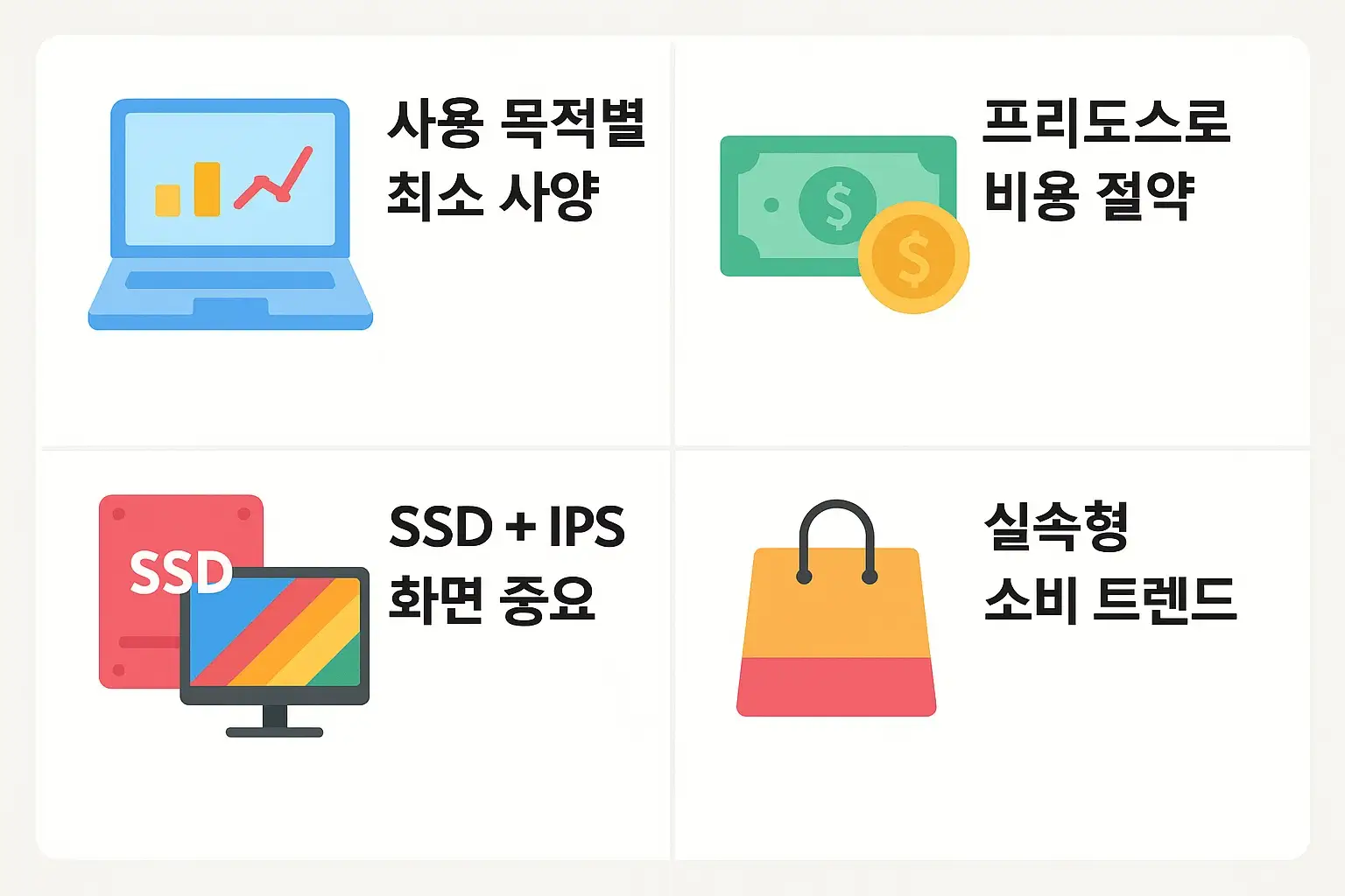 사용 목적별 최소 사양, 프리도스 선택으로 비용 절약, SSD 및 IPS 화면 중요성 등 실속형 소비자가 꼭 알아야 할 핵심 구매 기준을 정리한 이미지입니다.