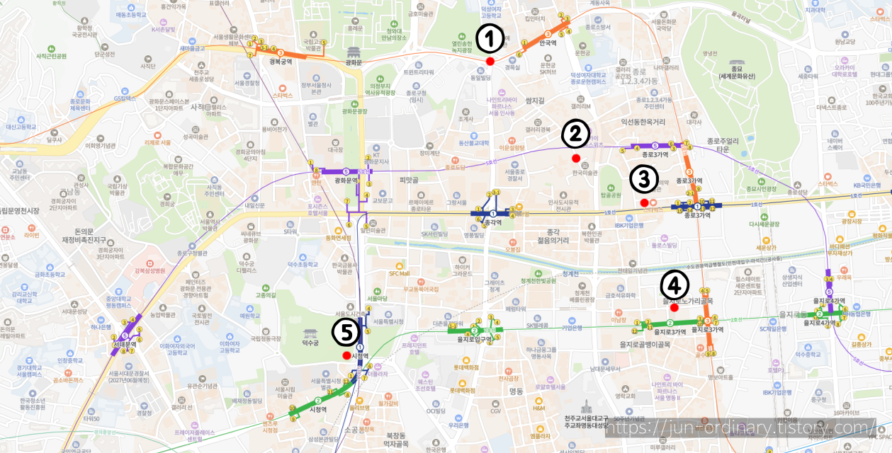 Pokemon GO Hanbok Pikachu course B step-by-step raid route map for Jongno 3-ga, Euljiro, and City Hall stations