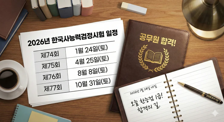 2026년 한국사능력검정시험 일정표와 공무원 합격을 상징하는 다이어리와 펜이 놓인 책상 이미지