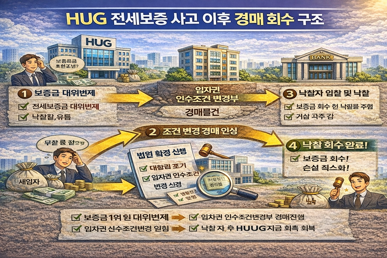 주택도시보증공사가 보증금을 대위변제한 뒤 경매로 회수하는 절차 설명 이미지