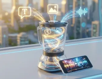 씨댄스 2.0 사용법: 텍스트, 이미지, 오디오 소스가 동시에 입력되어 하나의 완성된 영상으로 출력되는 씨댄스 2.0의 통합 멀티모달 아키텍처 시각화. 데이터 블렌더를 통해 소스들이 혼합되어 스마트폰 화면 속 고품질 영상으로 빠르게 변환되는 과정을 통해 10분 완성 제작 루틴을 상징함. (Seedance 2.0 multimodal architecture, unified AI video generation, fast video production routine)