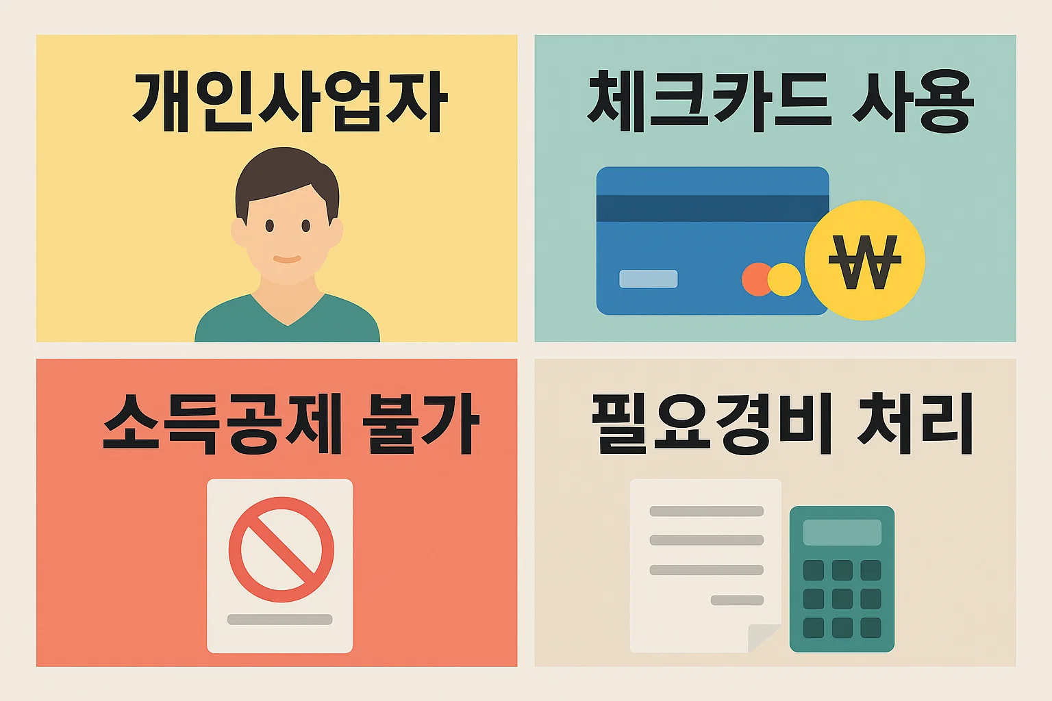 개인사업자는 체크카드를 사용하더라도 근로소득자와 달리 소득공제가 적용되지 않는 구조적 이유를 쉽게 풀어 설명한 인포그래픽 이미지입니다