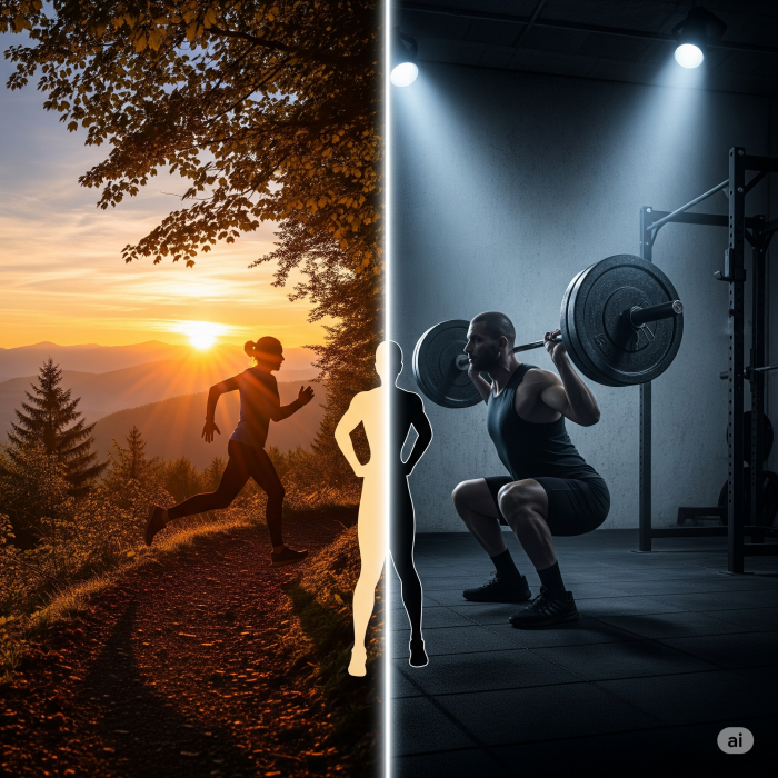 한쪽은 해가 뜨는 길을 달리는 사람, 다른 한쪽은 어두운 체육관에서 역기를 드는 사람의 모습이 반반씩 나뉘어 있고 중앙에서 두 모습이 합쳐지고 있는 이미지.