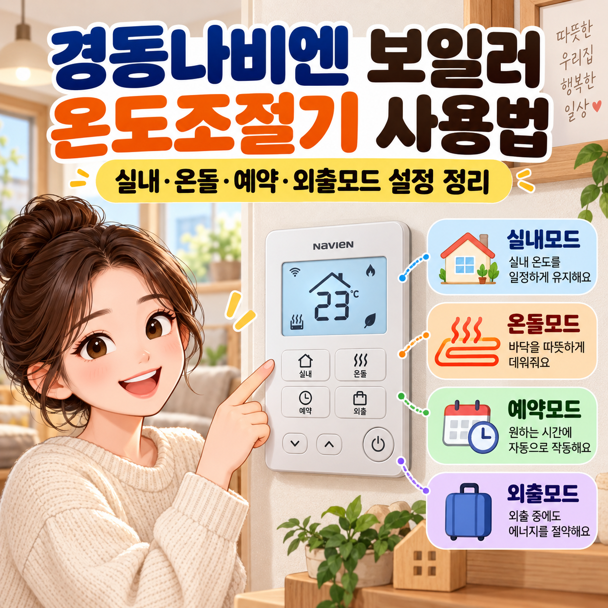 경동나비엔 보일러 온도조절기 사용법, 실내·온돌·예약·외출모드 설정 정리