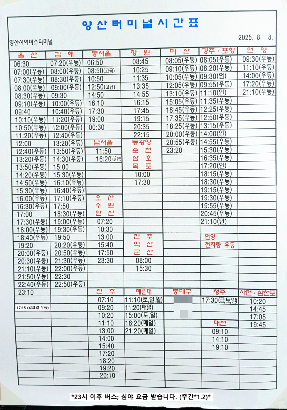양산시외버스터미널 시간표 종이 요약본