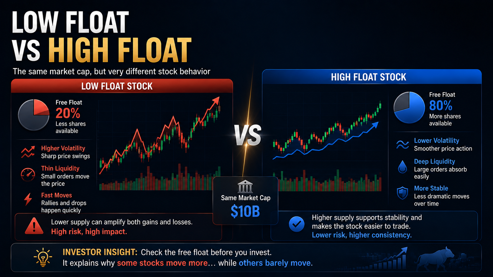 Comparison of low-float and high-float stocks and their market behavior.