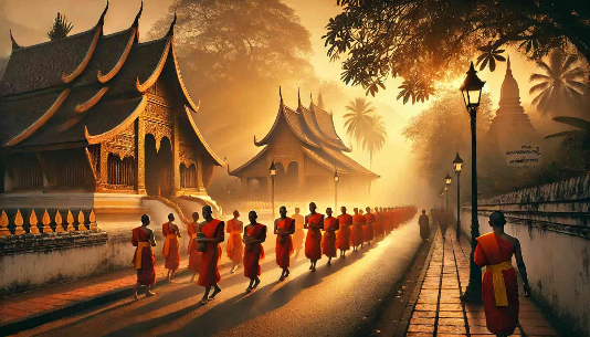 루앙프라방 황금빛 일출과 탁발 행렬