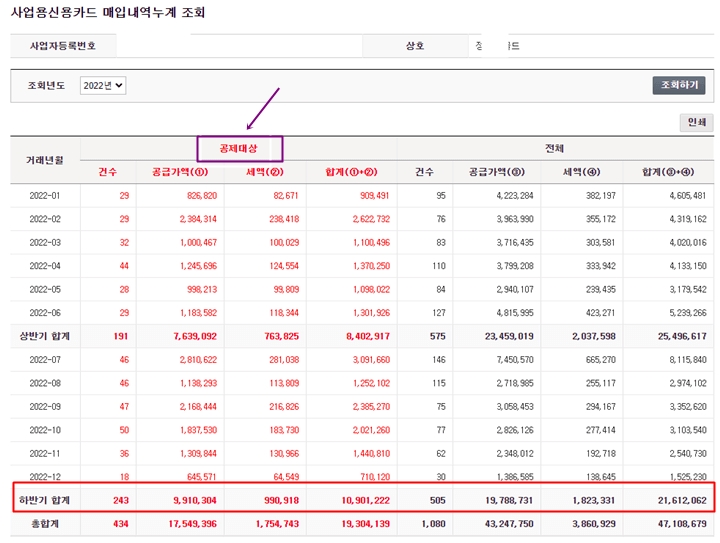 사업용 신용카드 매입내역누계 조회 화면