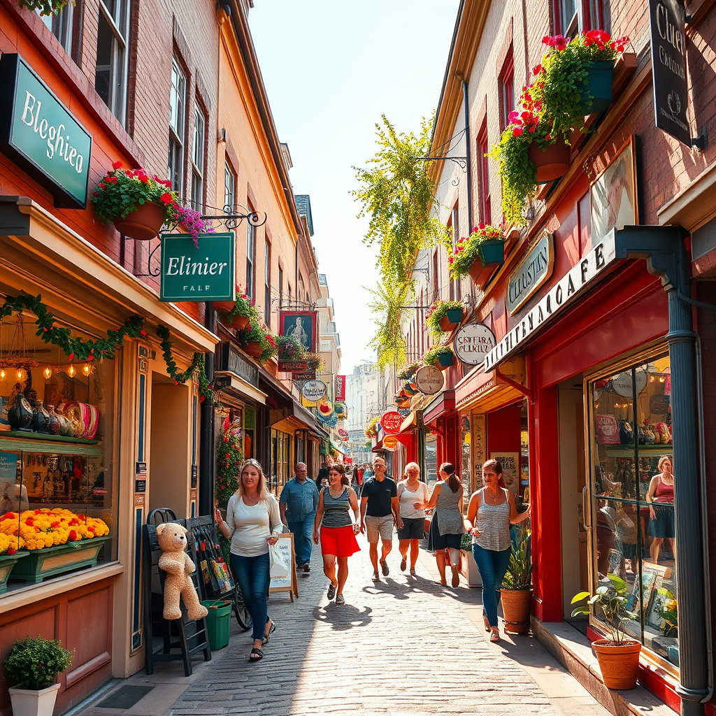 아기자기한 소상공인 가게들이 모여 있는 번화가 골목의 활기찬 풍경입니다.