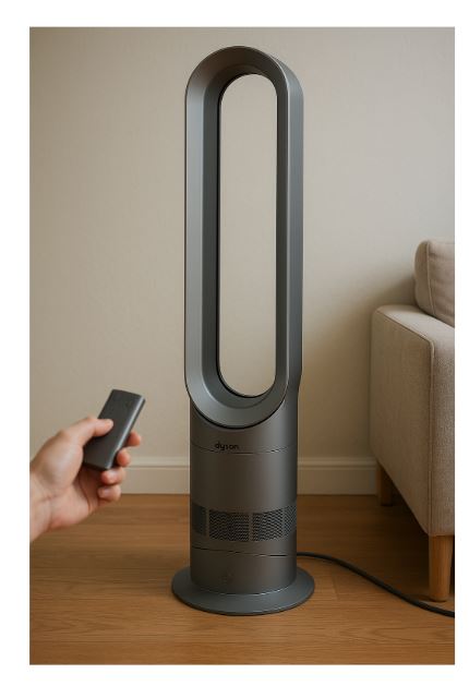 선풍기 켜기 위해 리모콘 작동중