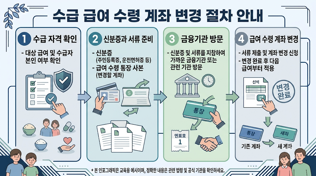 수급 자격 확인부터 통장 개설과 급여계좌 변경까지의 절차 안내 이미지