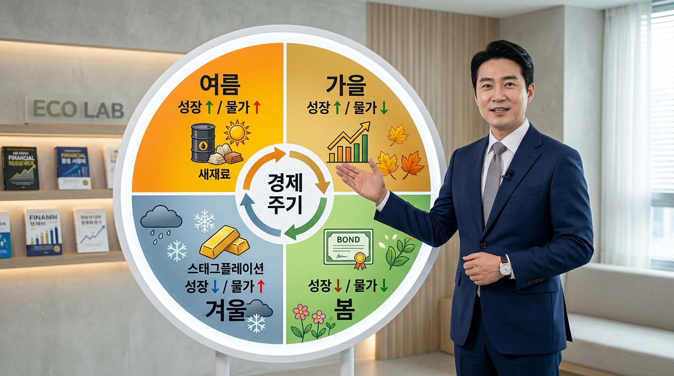 사계절(봄-채권, 여름-원자재, 가을-주식, 겨울-금)이 성장률과 물가 상승률 축으로 구분
