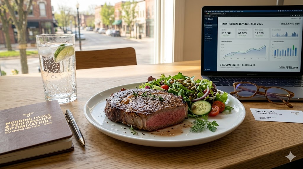 집에서 올리브오일을 두르고 천천히 구운 Grass-fed 스테이크가 접시 위에 올려진 평범한 저녁 식사
