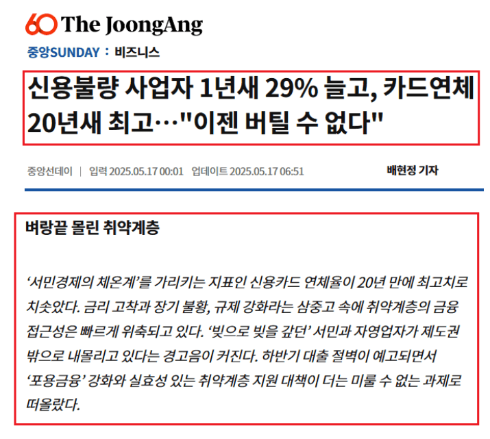 중앙일보 - 신용불량 사업자 1년새 29% 늘고, 카드연체 20년새 최고..."이젠 버틸 수 없다" 기사 캡처본 1
