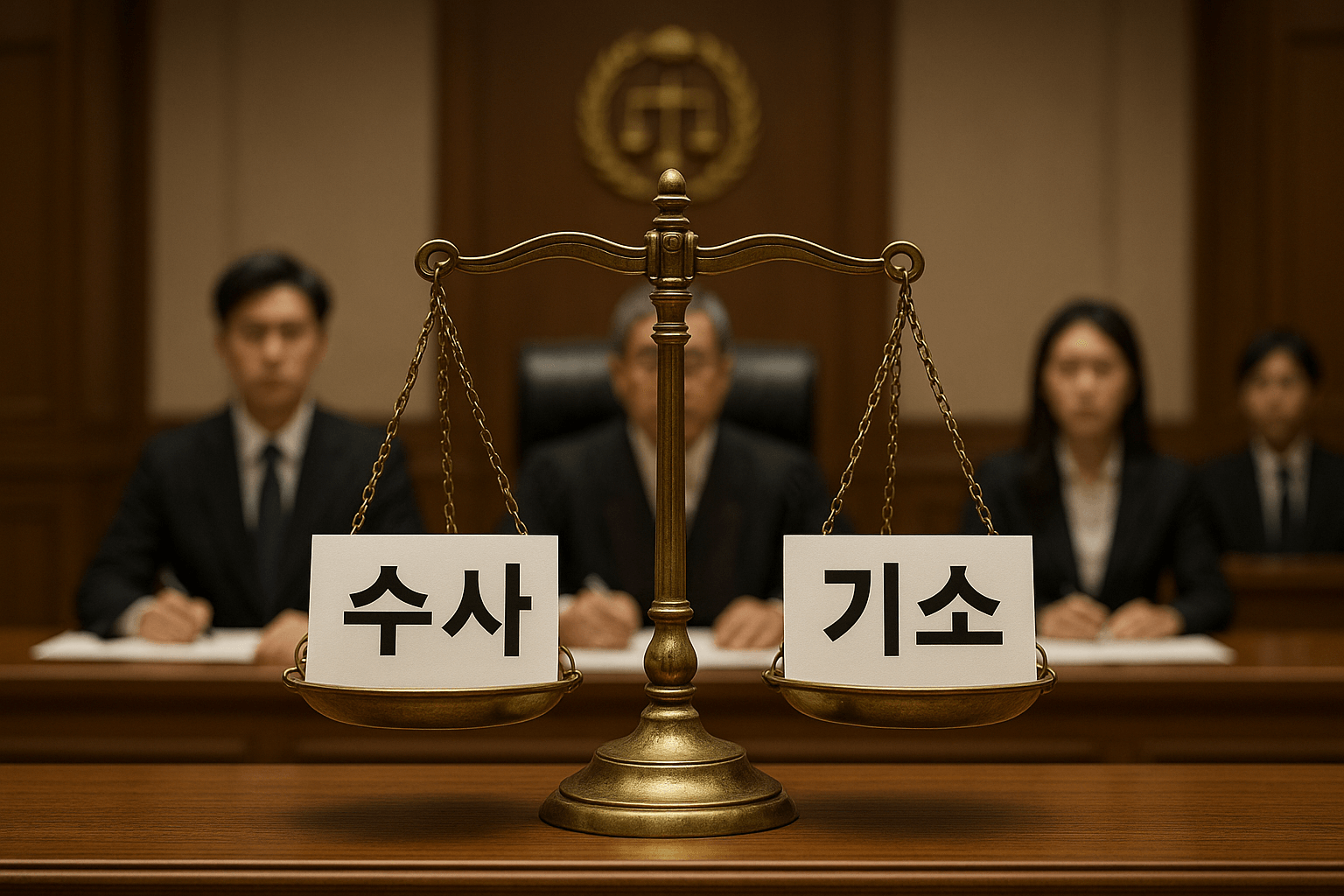 대한민국 법정 안에서 &lsquo;수사&rsquo;와 &lsquo;기소&rsquo;라고 적힌 저울이 균형을 이루는 장면 2