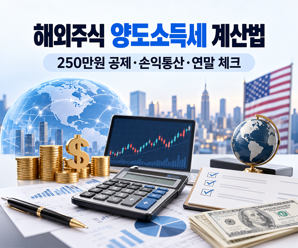 해외주식 양도소득세 계산법과 250만 원 기본공제, 손익통산, 연말 세금 점검을 안내하는 썸네일 이미지. 계산기와 주식 차트, 달러화가 배치된 모습.