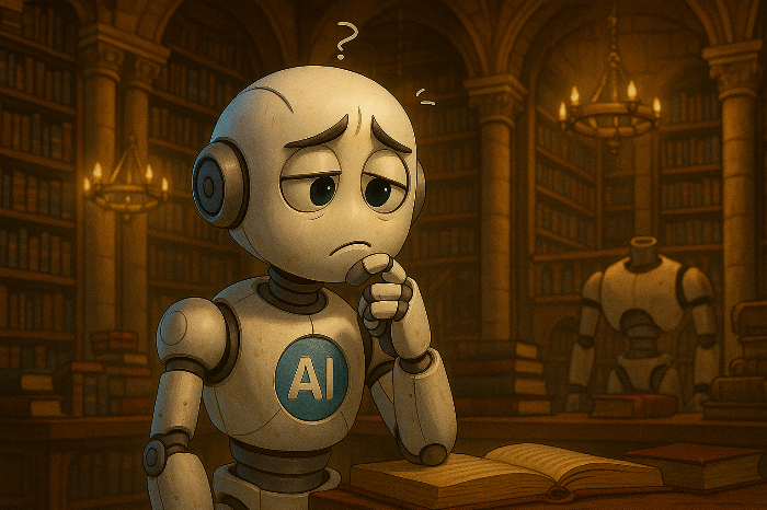 AI(인공지능)로봇이 도서관에서 지식을 습득하며 고민하는 모습