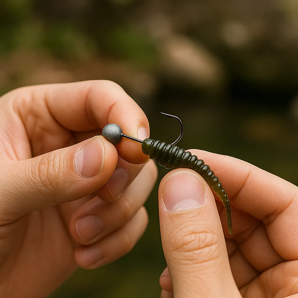 1.5인치 웜을 지그헤드에 끼우는 손 클로즈업 장면