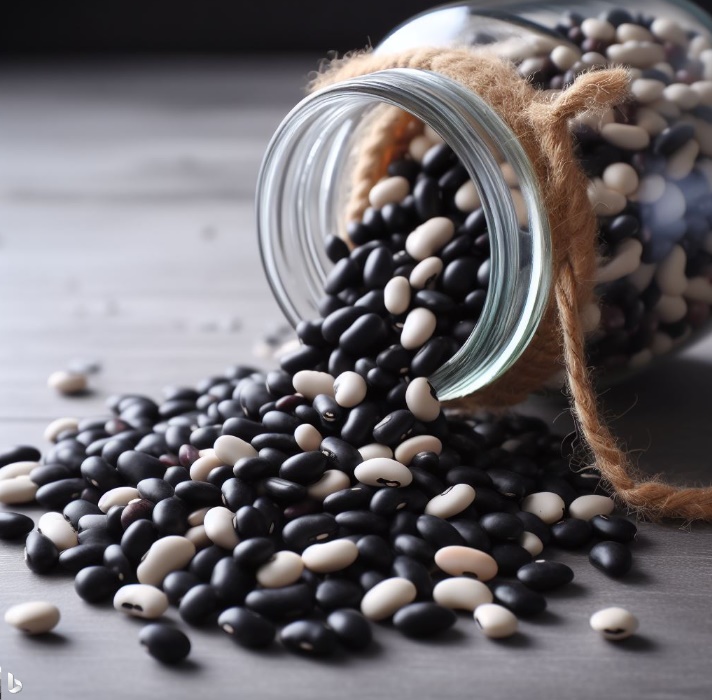 항아리가 뒤집히면서 흰 콩과 검정 콩이 쏟아지는 모습