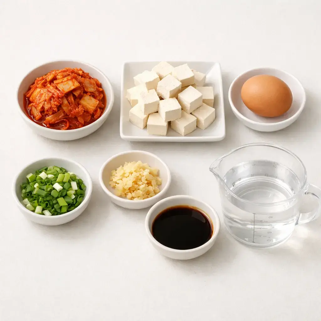 김치두부국밥 재료 플랫레이, 김치&middot;두부&middot;달걀&middot;대파와 양념이 1인분 분량으로 정리된 모습
