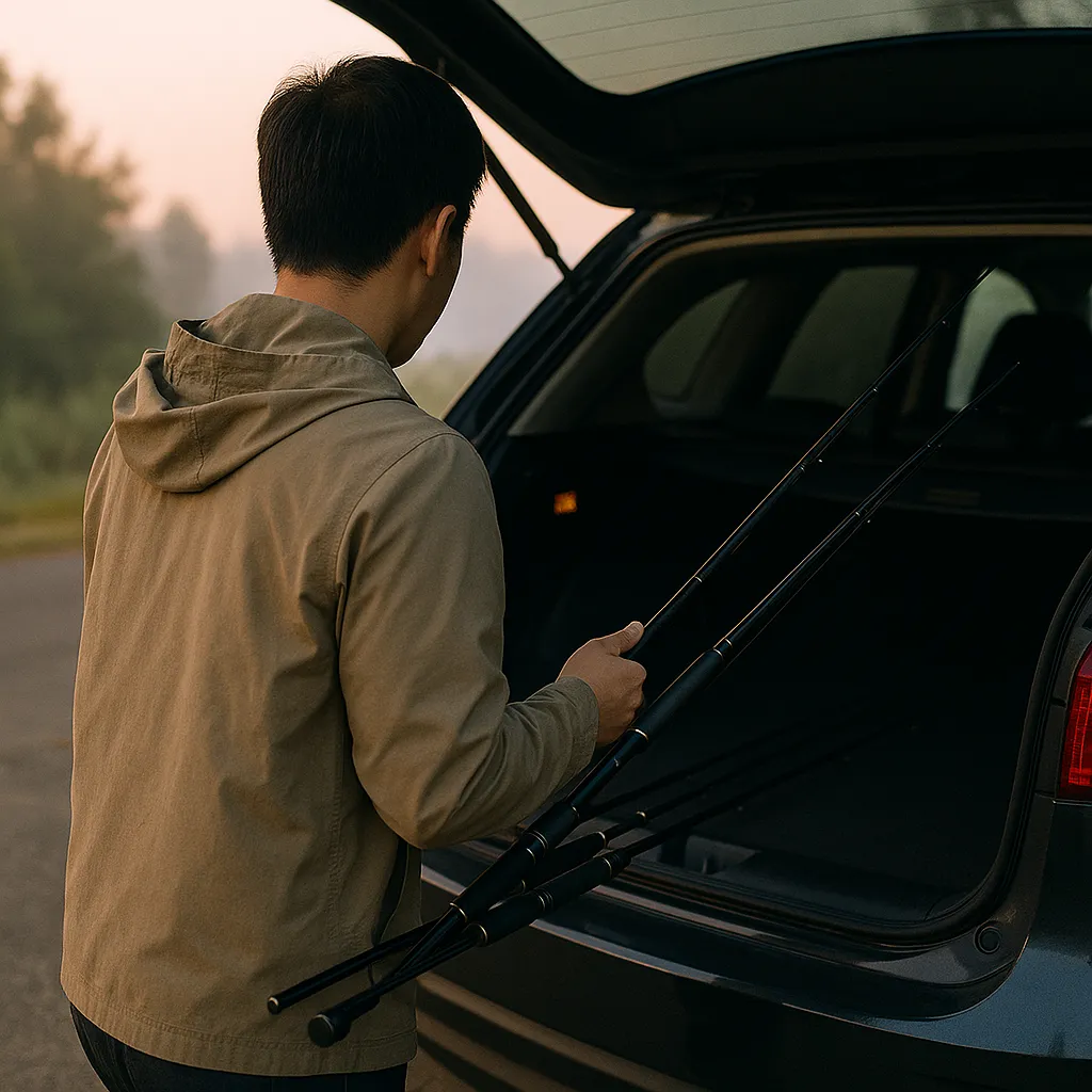 차량 트렁크에 낚싯대를 싣는 남성의 새벽 장면