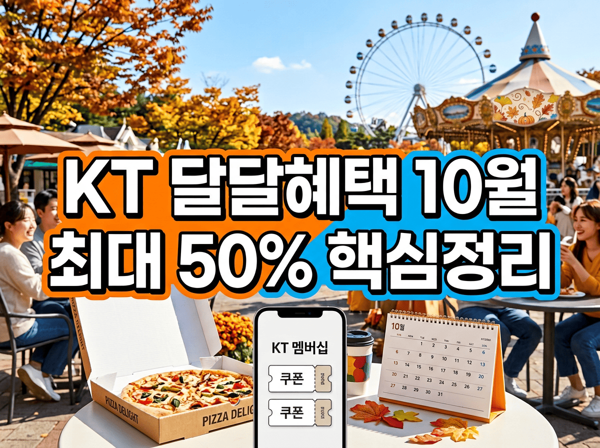 달력과 피자 상자, 놀이공원 관람차 아이콘으로 10월 KT 멤버십 혜택을 표현한 썸네일