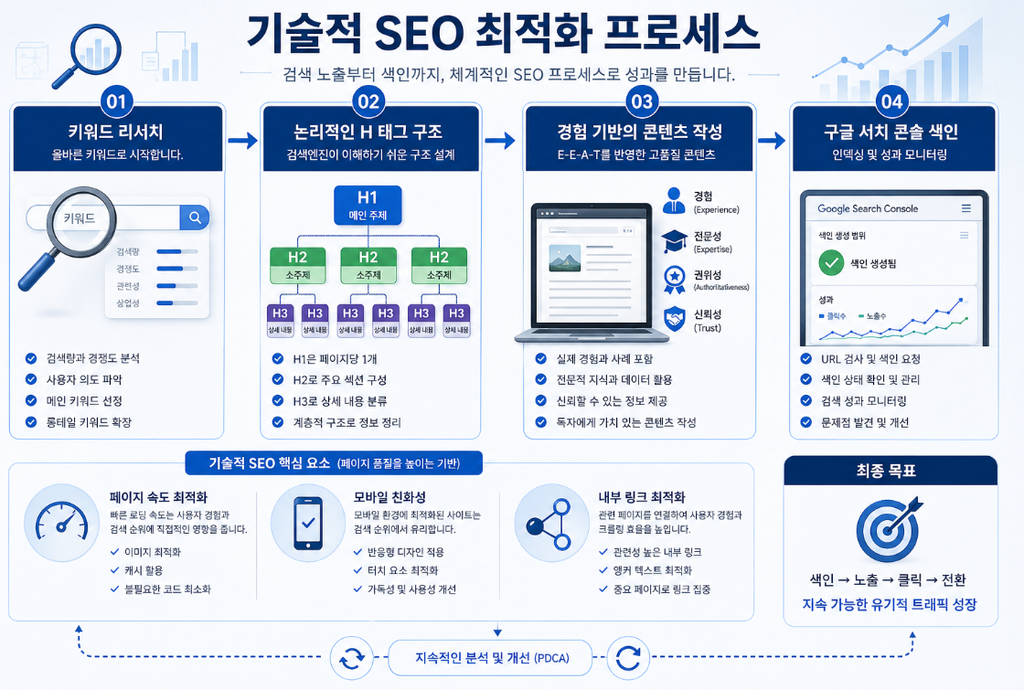 키워드 분석부터 색인 요청까지의 기술적 SEO 최적화 흐름도