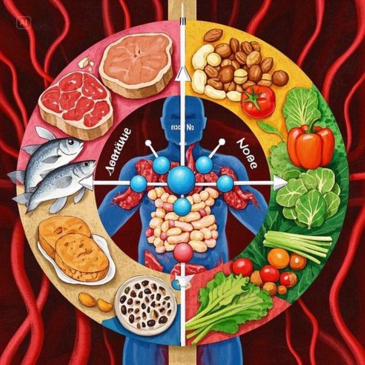 동물성 식품(고기, 생선, 달걀)과 식물성 식품(채소, 곡물, 견과류)이 좌우로 나뉘어 배치되고, 중앙에 영양소 분자들이 화살표와 퍼센티지로 흡수율을 시각화한 인포그래픽. 배경에는 인체 소화기관 실루엣과 혈류 흐름이 은은하게 표현되어 있다.