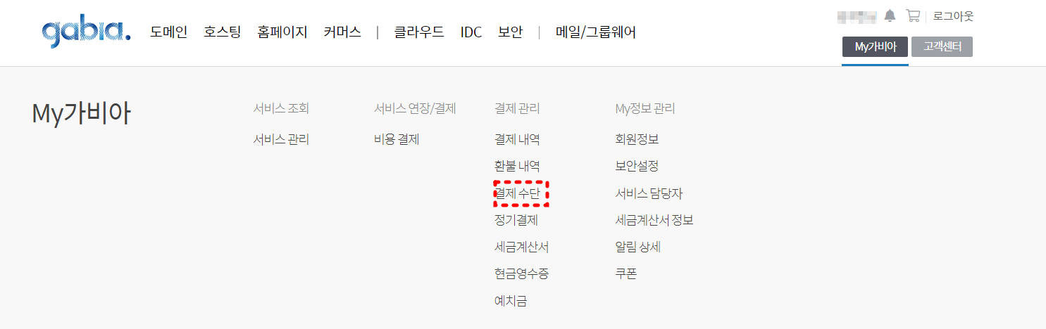 가비아 홈페이지 메뉴 중 결제수단에 붉은색 점선박스