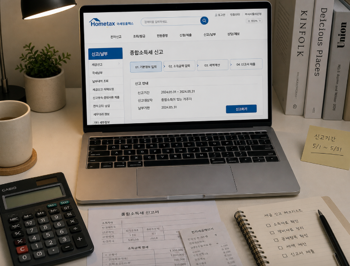 홈택스 종합소득세 신고 화면이 표시된 노트북과 계산기, 서류를 통해 실제 신고 절차를 준비하는 장면