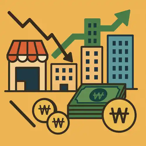 상가와 고층 건물, 지폐와 동전, 상승·하락 화살표로 구성된 부동산 투자와 공실률 변화를 상징하는 그림