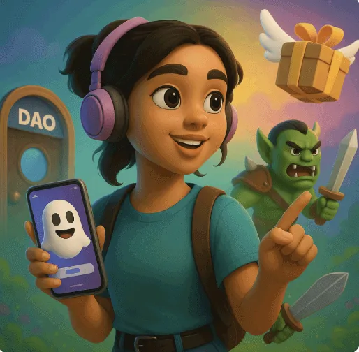 ‘NFT로 확장되는 Web3 실사용’을 표현한 이미지. 이 이미지는 DAO 입장, GameFi 전투, PFP 연동, airdrop 등 다양한 Web3 활동에 참여하는 젊은 Z세대 여성 캐릭터를 보여주며, 블로그의 ‘Solana NFT 실사용 및 Web3 확장’ 주제를 설명함 (nft, dao, gamefi, airdrop, phantom)