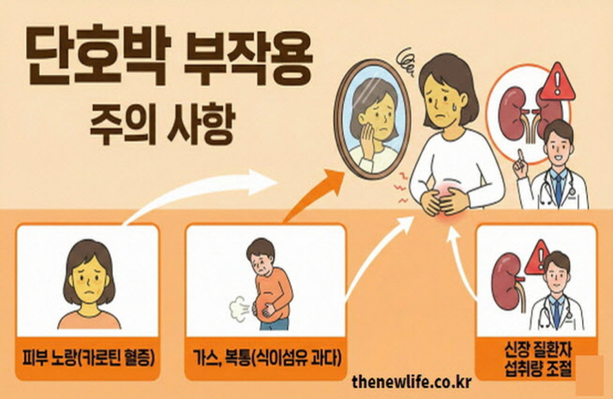단호박 과다 섭취 시 피부 황변 및 가스 복통 부작용과 신장 질환자 섭취 주의사항 요약
