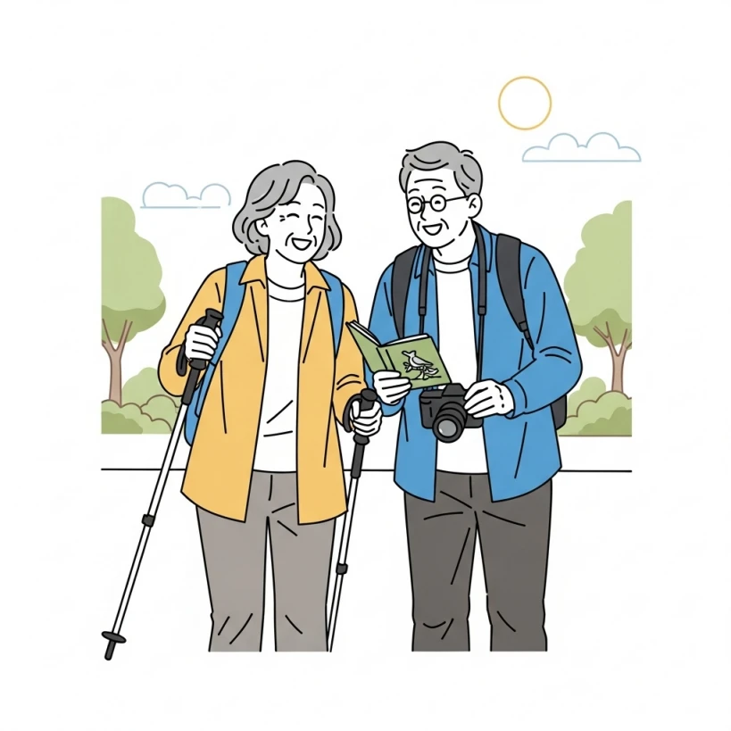 약물 감량과 함께 병행해야 할 건강한 생활 습관 개선(규칙적인 운동 및 취미 활동)을 상징하는, 공원에서 걷는 노부부의 일러스트.