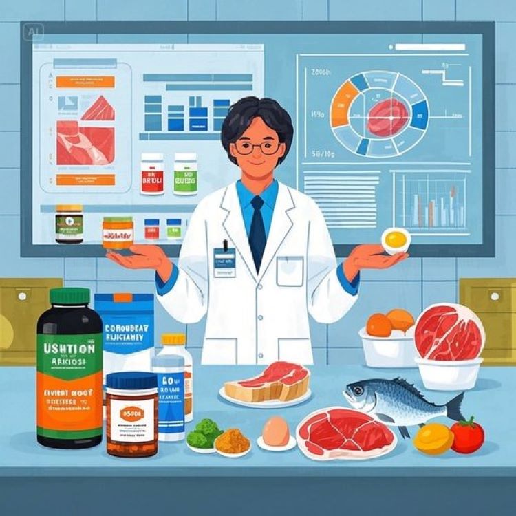 현대적인 연구실에서 영양학자가 다양한 슈퍼푸드들과 일반적인 자연 식품들을 비교 분석하는 모습. 한쪽에는 화려하게 포장된 보충제들과 이국적인 슈퍼푸드들이, 다른 한쪽에는 신선한 고기, 달걀, 생선 등이 놓여 있다. 과학적 데이터와 그래프가 배경에 표시되어 객관적이고 신뢰할 수 있는 연구 분위기를 연출한 이미지