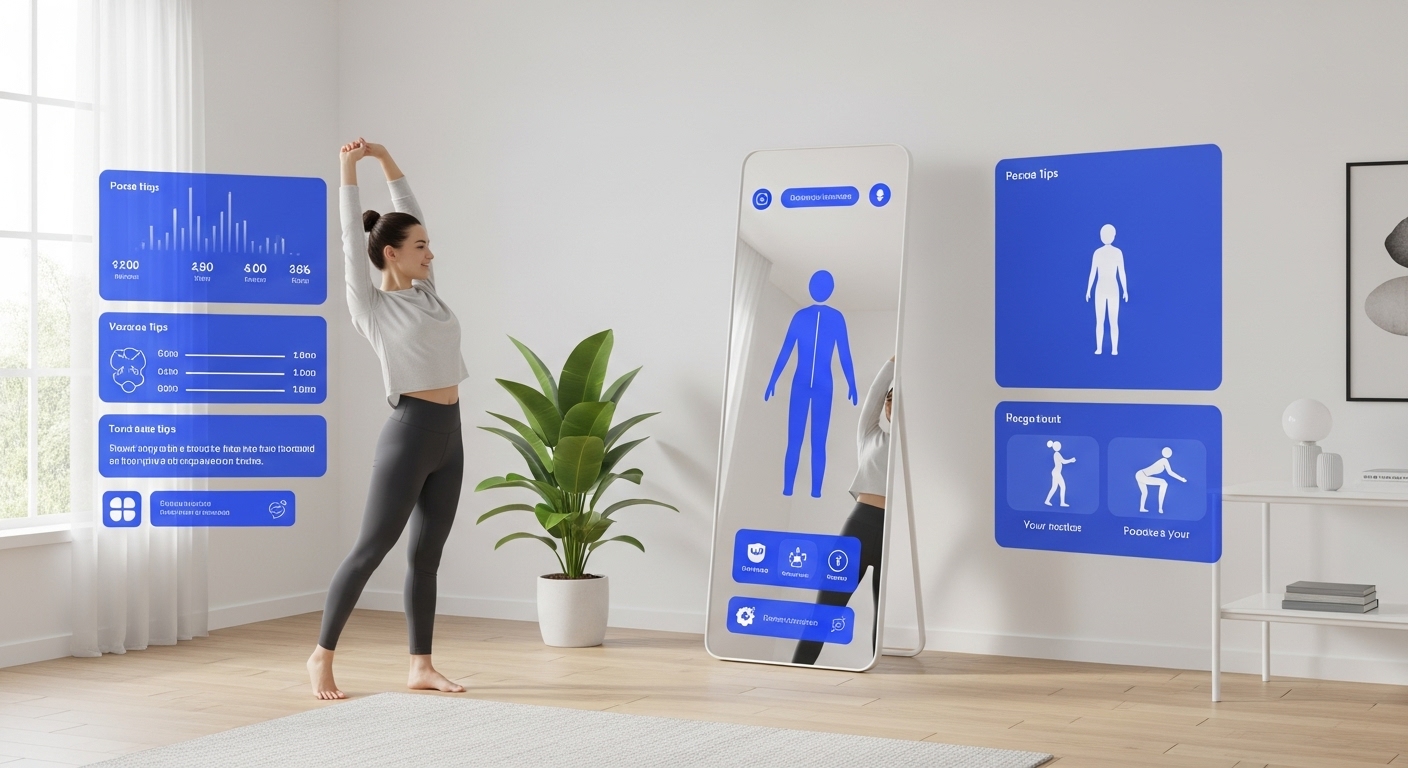 스마트 미러가 사용자에게 운동 자세와 건강 조언을 제공하며 홈 트레이닝을 돕는 모습