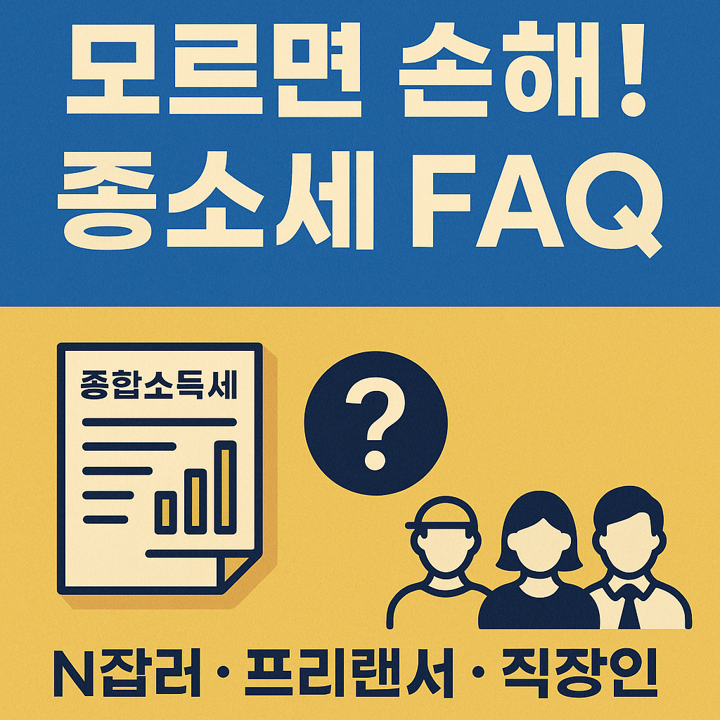 종합소득세에 대한 FAQ와 N잡러, 프리랜서, 직장인을 상징하는 아이콘이 함께 있는 정보성 썸네일 이미지