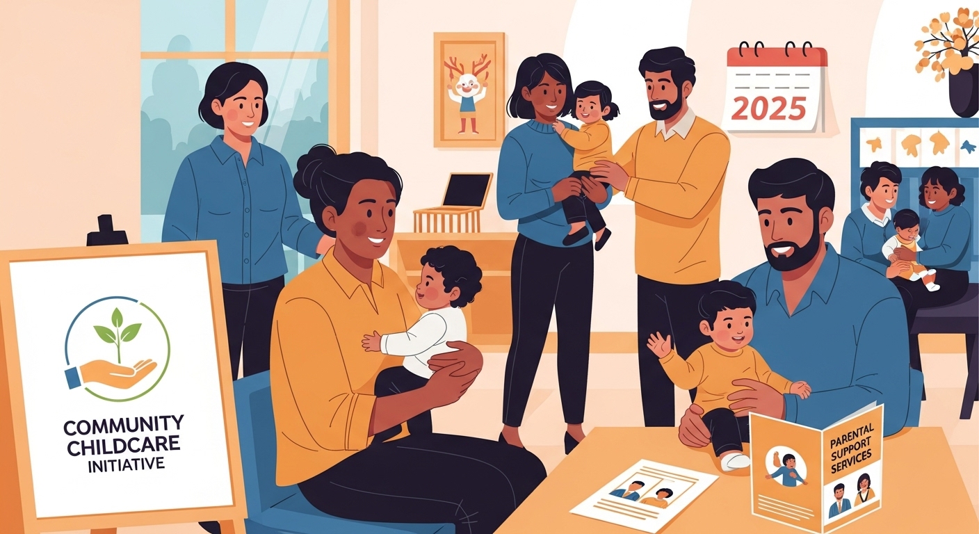 아이들과 행복하게 시간을 보내는 부모님들의 모습. 육아 부담을 덜어주는 돌봄 바우처 혜택을 상징합니다.