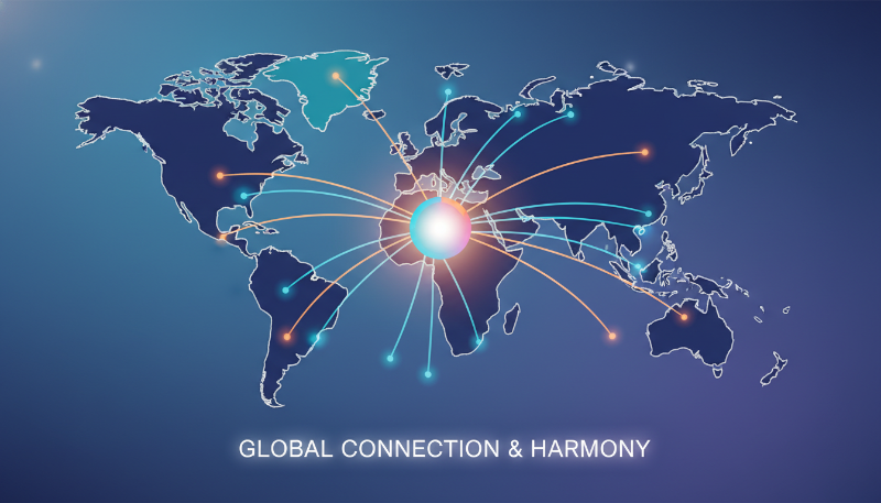 여러 대륙이 선으로 연결되어 중앙으로 모이는 시각화, 지구 가족의 날이 추구하는 전 세계적 연결과 화합을 표현.