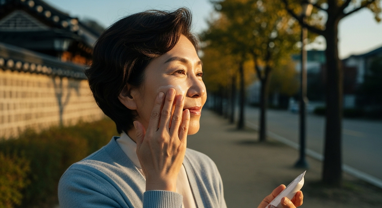 초가을 아침 공원 벤치에서 선크림을 바르는 60대 한국 여성, 은은한 햇살과 조용한 한옥 담장 배경