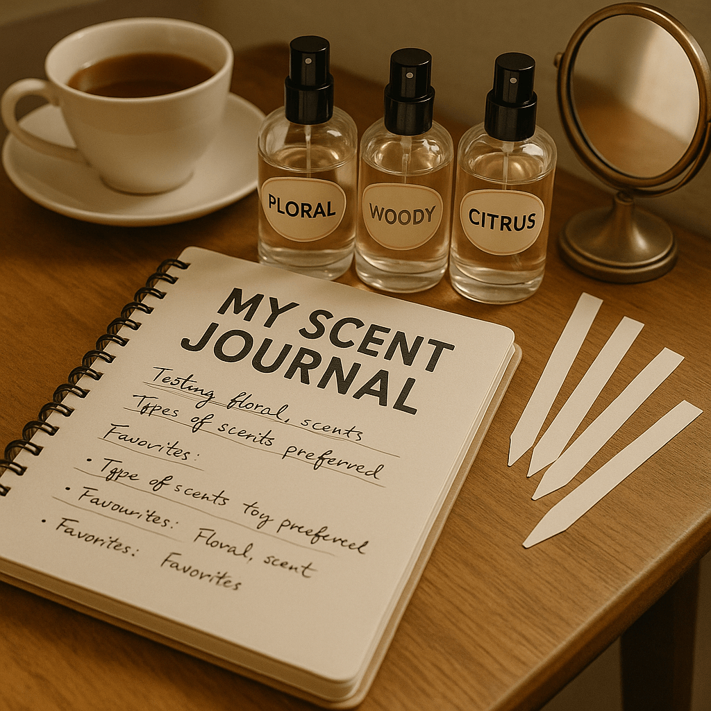향수 시향을 위한 감성적인 데스크 공간. 플로럴, 우디, 시트러스 계열 향수 병과 시향지(블로터), ‘My Scent Journal’이라는 제목의 향기 노트가 나무 책상 위에 놓여 있다. 부드러운 자연광이 따스하게 비추는 이 장면은 향수 선택법, 향수 레이어링, 시그니처 향수 찾기에 적합한 분위기를 연출하며, 초보자도 쉽게 향수 테스트를 시도할 수 있는 이상적인 환경