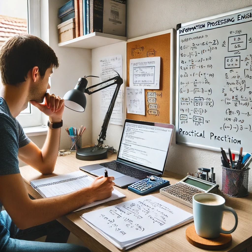 교실에서 정보처리기사 필기시험을 치르는 학생들. 각자 시험지에 집중하며 조용하고 진지한 분위기