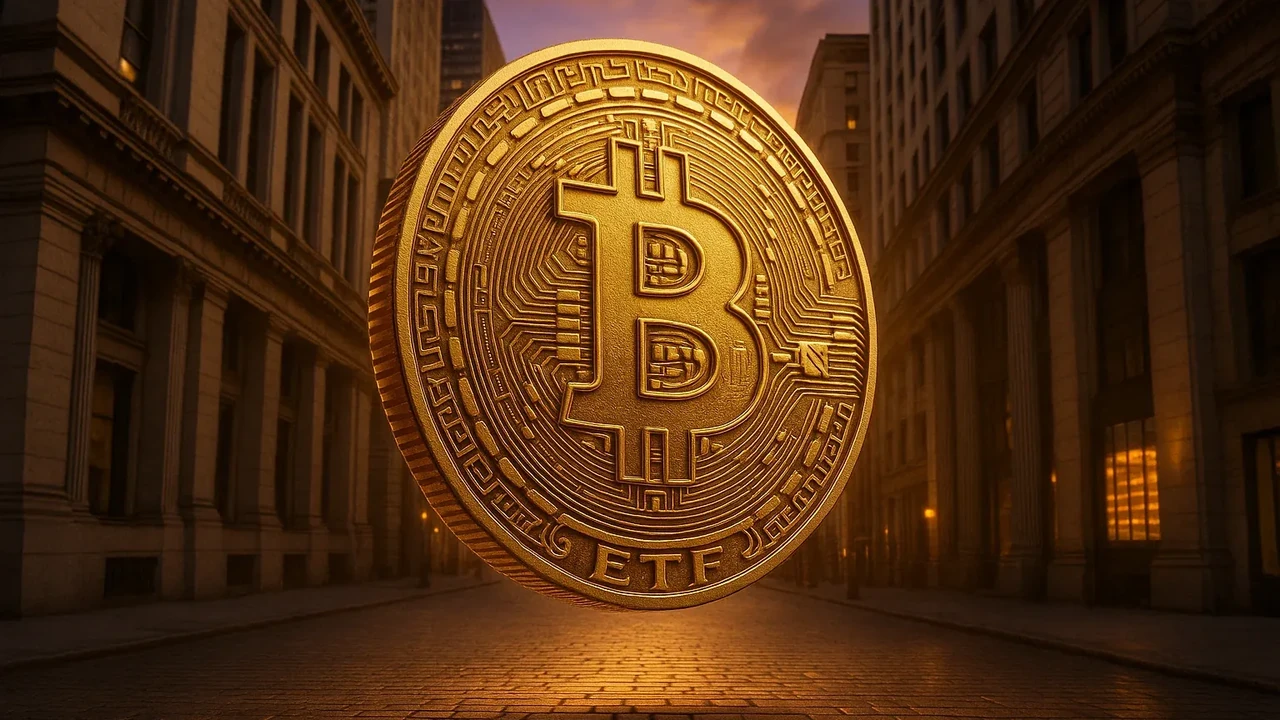 비트코인 로고와 ETF 문구가 새겨진 금화가 월스트리트 배경과 함께 표현된 고품질 일러스트