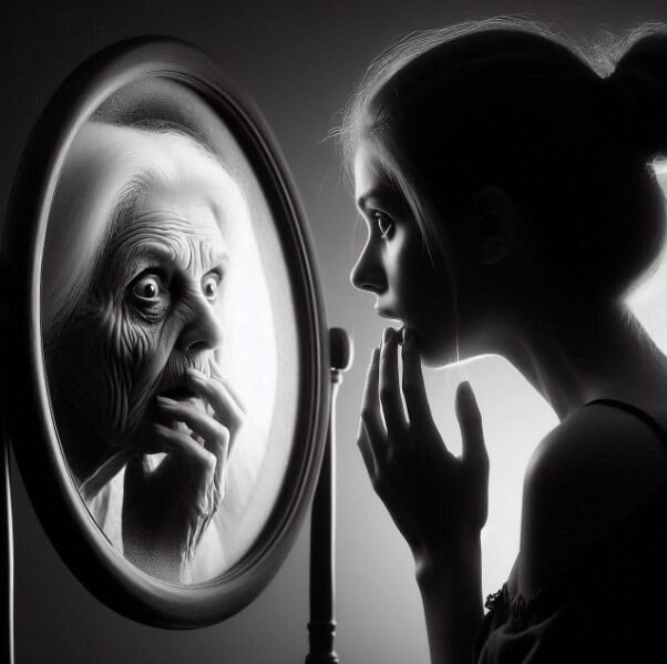 할머니처럼 보이는 거울을 보고 놀라는 젊은 여성