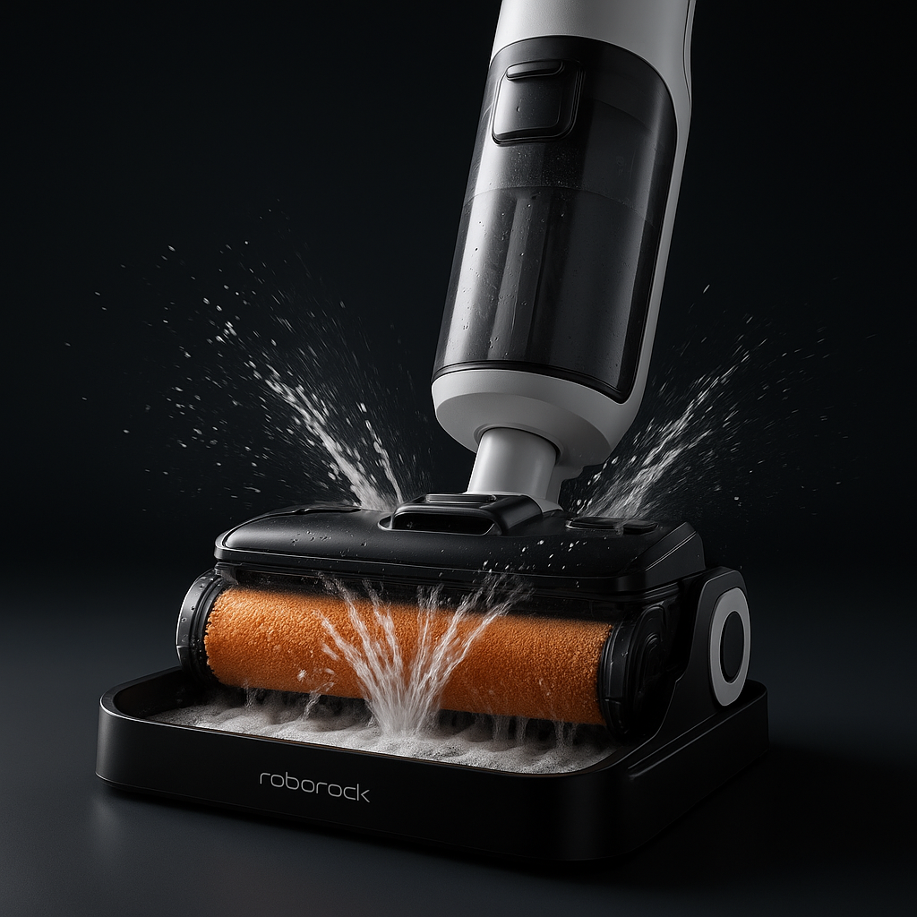 로보락 F25 울트라가 세척 스테이션 위에서 자동 세척 기능을 작동하는 모습