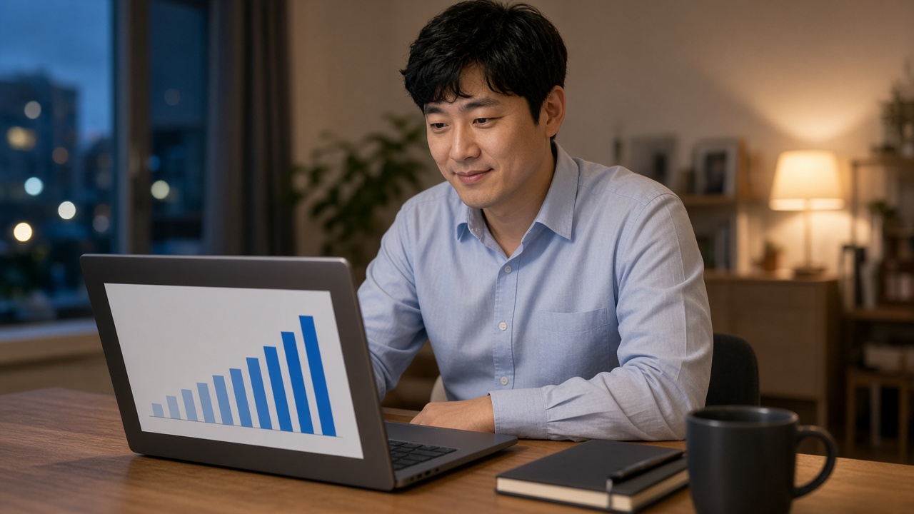 집에서 노트북으로 급여 명세의 세금 변화를 확인하는 30대 한국인 직장인