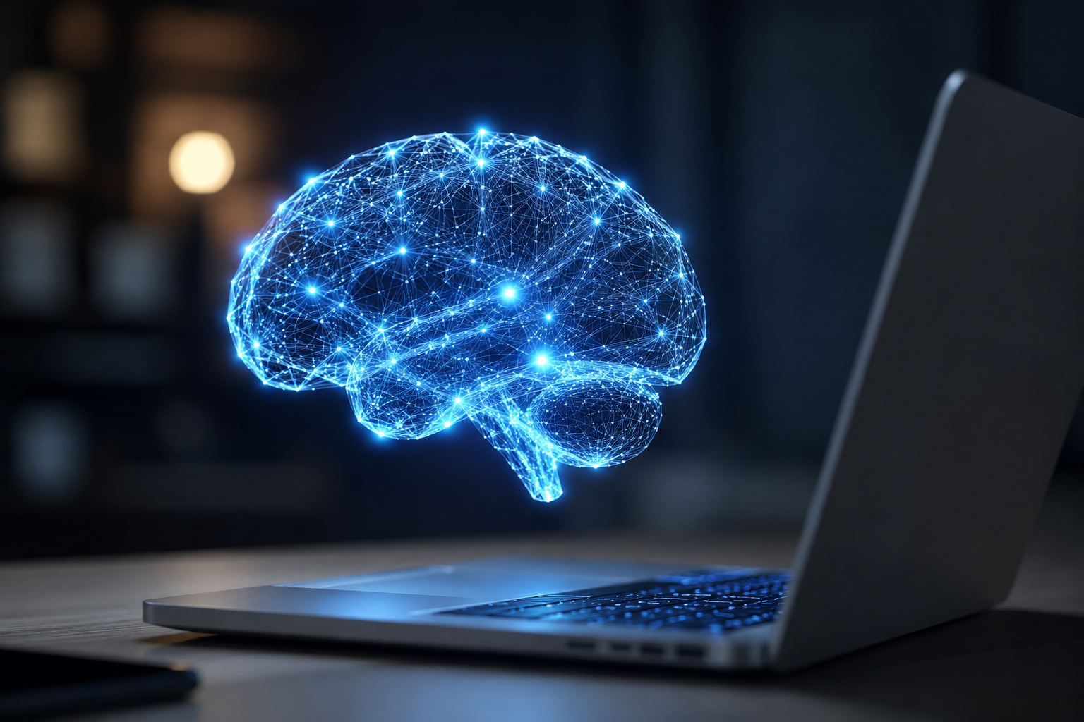 AI 인공지능 개념을 표현한 푸른 디지털 두뇌와 노트북 이미지