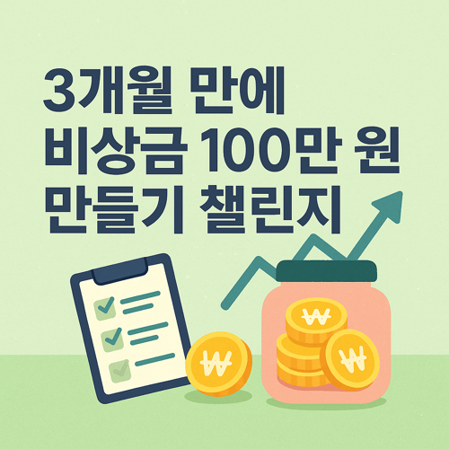 3개월 동안 비상금 100만 원을 모으는 재테크 챌린지를 표현한 이미지로, 체크리스트와 저금통, 상승하는 화살표와 금화 아이콘이 포함된 시각적 썸네일